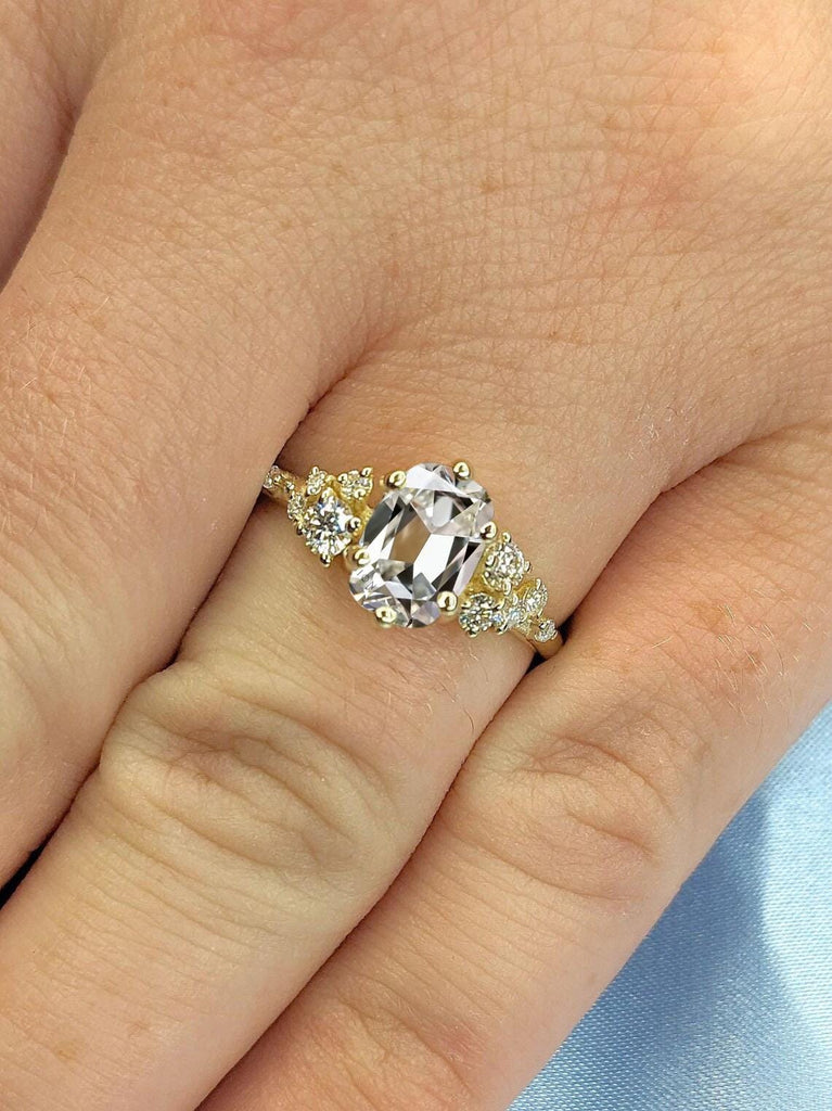 6 Prong 1ct Old Miner Elongated Cushion cut Lab Grown Diamond 18k Yellow Gold Snowdrift Diamond Cluster Promise Ring