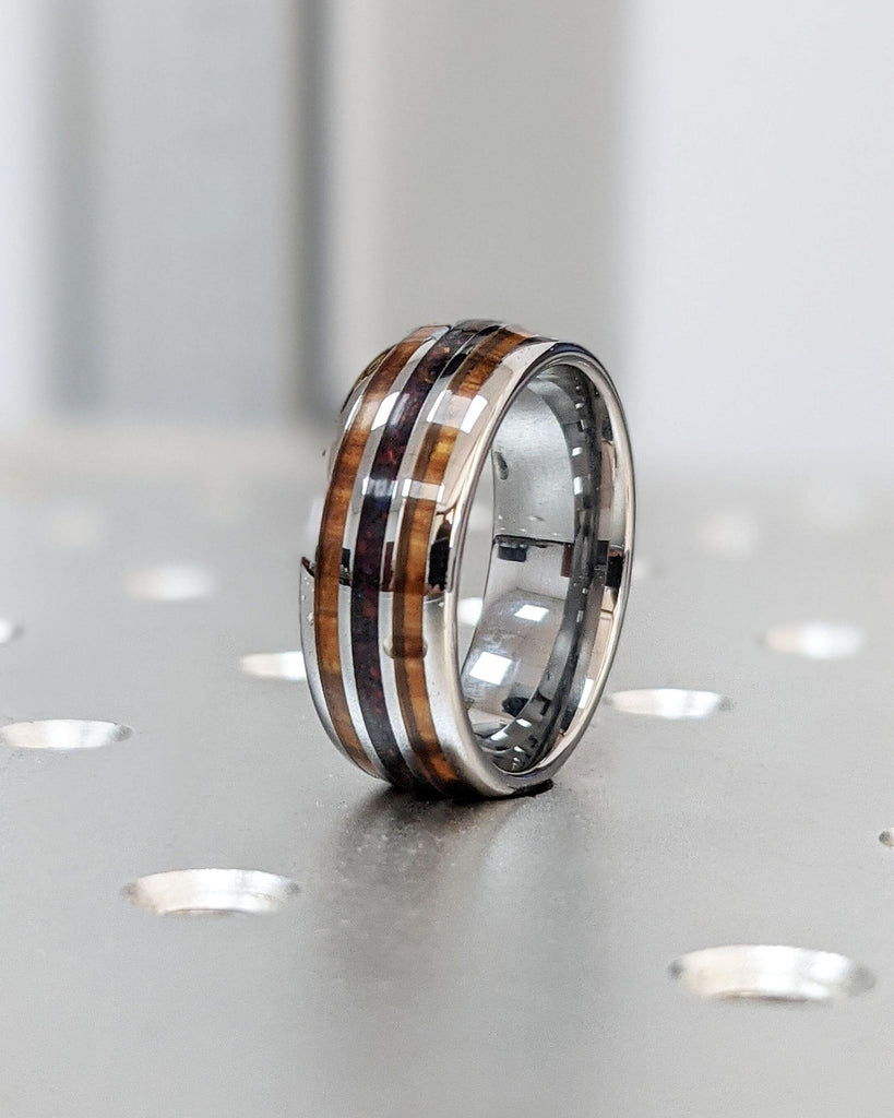 Opal and Wood Wedding Band Set: 8mm & 6mm, Tungsten Wedding Rings Set, Matching His and Hers Wedding Set, Hawaiian Koa Wood Opal Inlay