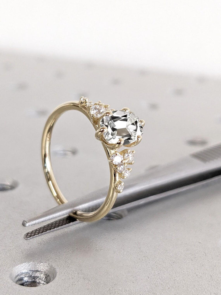 Old Miner-cut Elongated Cushion Moissanite Engagement Ring | 18k Yellow Gold Wedding Ring for Her | Unique Diamond Cluster Promise Ring