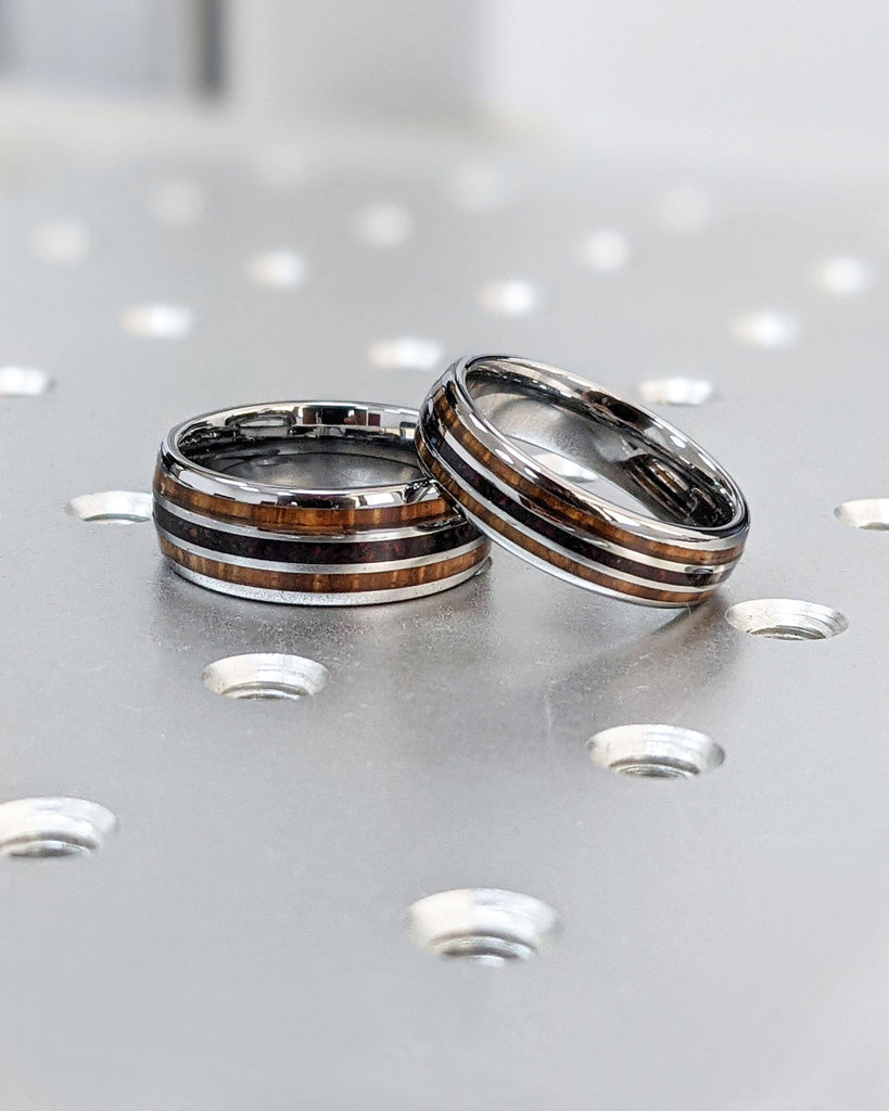 Opal and Wood Wedding Band Set: 8mm & 6mm, Tungsten Wedding Rings Set, Matching His and Hers Wedding Set, Hawaiian Koa Wood Opal Inlay
