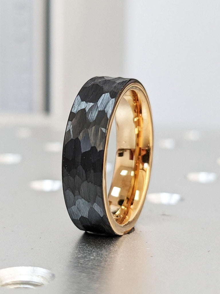 Hammered Brushed Finish Black Tungsten Rugged Mens Wedding Band: 6MM Wide, Rose Gold Comfort Fit Inner Band