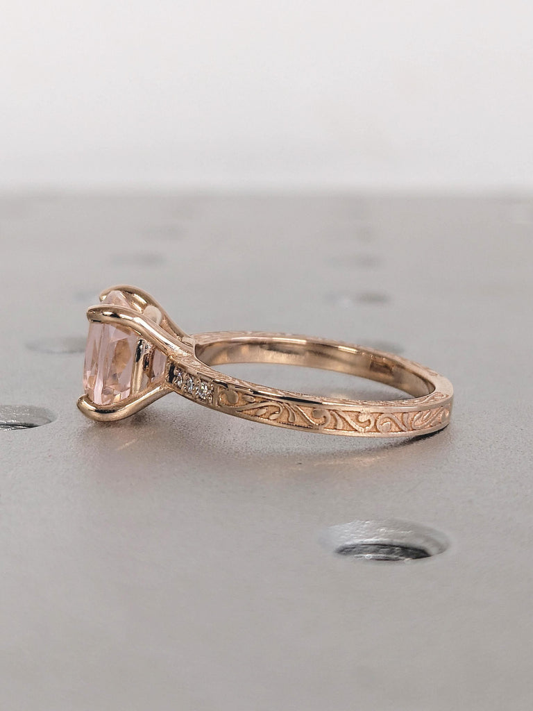 Cushion Cut Ring, Filigree Engagement Ring, Diamond, Garnet, Peach Morganite Ring, 14k Rose Gold Ring