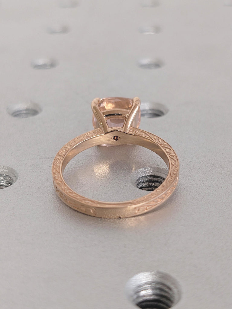 Lab Morganite Engagement Ring Set, 18k/14k Rose Gold Cushion Cut Ring, Bridal Set Filigree Ring, Diamond, Garnet, Peachy Pink Morganite Ring