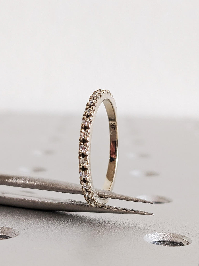 14K White Gold Diamond Matching Engagement Ring, Round Dainty Pavé Diamond Ring, Custom Gold wedding band, Women's Stacking Jewelry