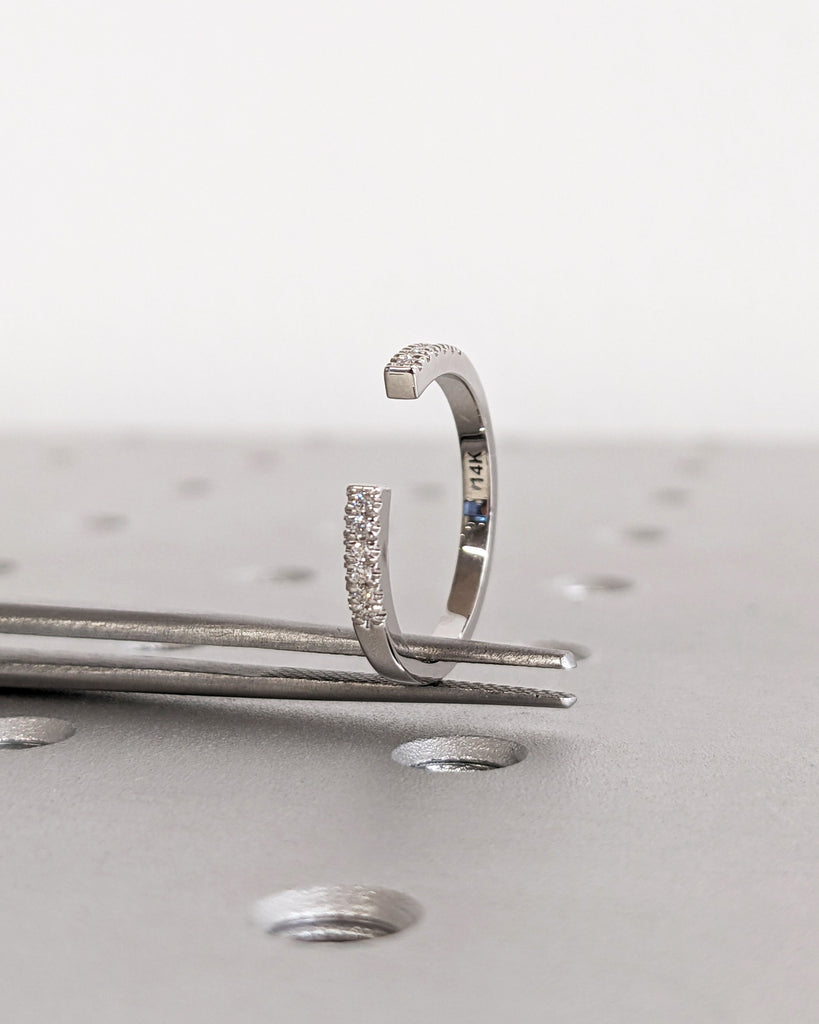 Open Gap Round Diamond Matching Engagement Ring, 14K Solid White Gold Pavé Wedding Band, Dainty Promise Ring