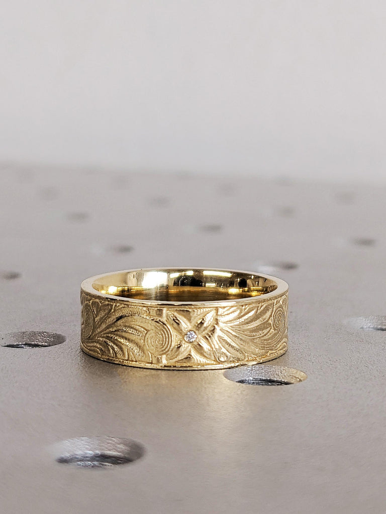 14K Gold Diamond Floral Leaf Wedding Band, Dainty Gold Diamond Men’s Engagement Ring, Vintage Flower Anniversary Ring, Unisex Wedding Band