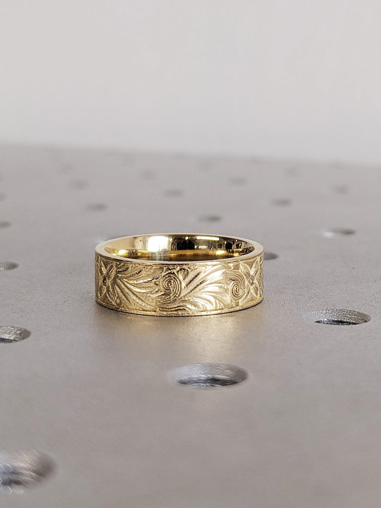 Gold Diamond Men's Engagement Ring, Vintage 6MM Floral Leaf Wedding Band, 14K Solid Yellow Gold Unisex Ring