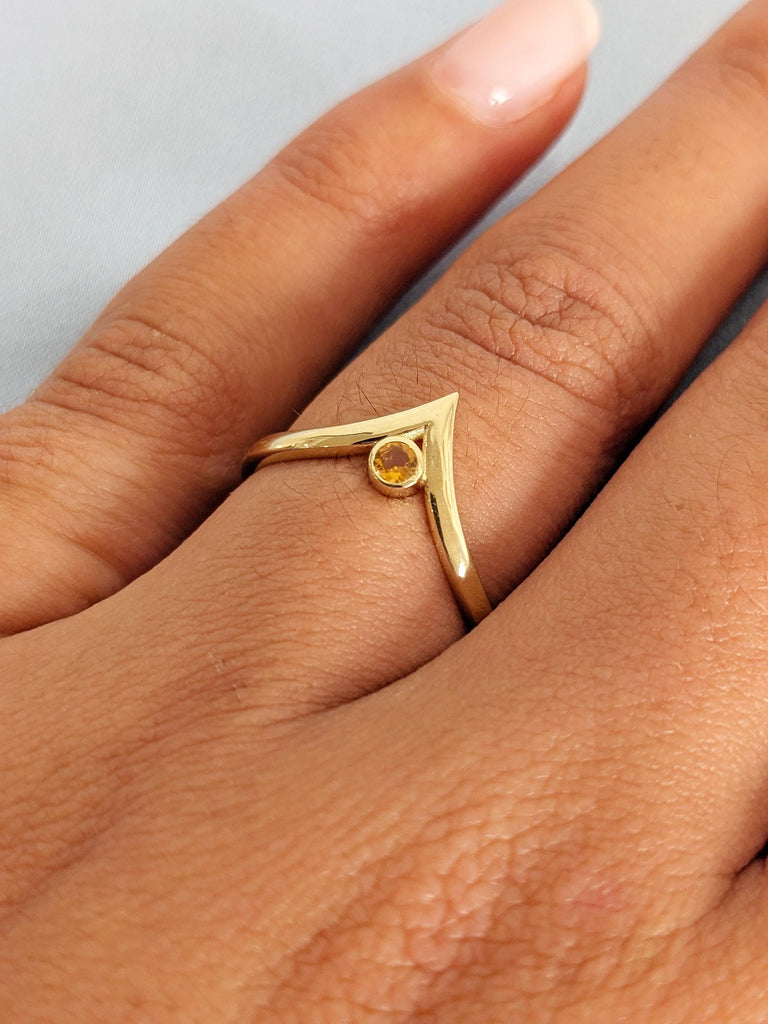 Solid Gold Chevron Matching Engagement Ring, Round Yellow Citrine Stacking Ring, Scorpio Birthstone Wedding Band
