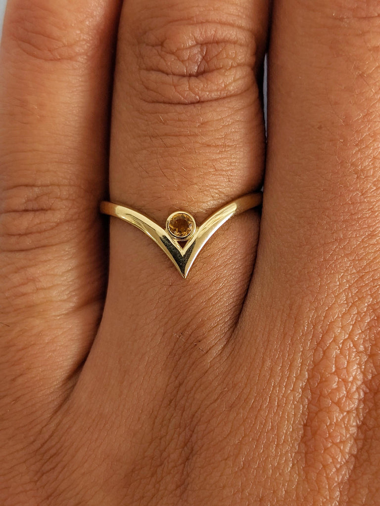 Solid Gold Chevron Matching Engagement Ring, Round Yellow Citrine Stacking Ring, Scorpio Birthstone Wedding Band