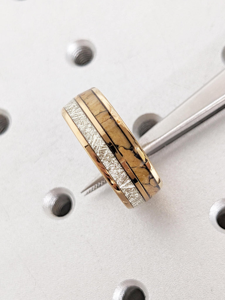 8mm Tungsten Ring Men, Meteorite Inlay Ring, T-Rex Ring, Rose Gold Plated Men's Ring