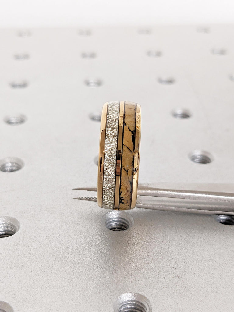 Rose Gold Plated Tungsten Ring, Men's Meteorite Ring, Dinosaur Bone Ring, 8mm Polished Finish Wedding Band for Men, Wedding Anniversary Gift