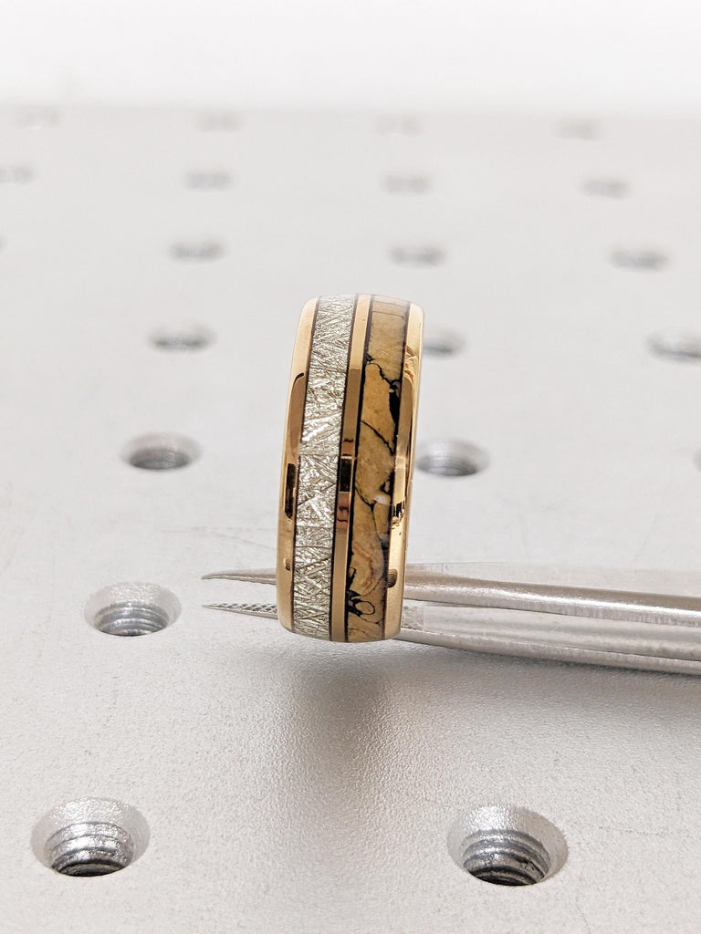 8mm Tungsten Ring Men, Meteorite Inlay Ring, T-Rex Ring, Rose Gold Plated Men's Ring