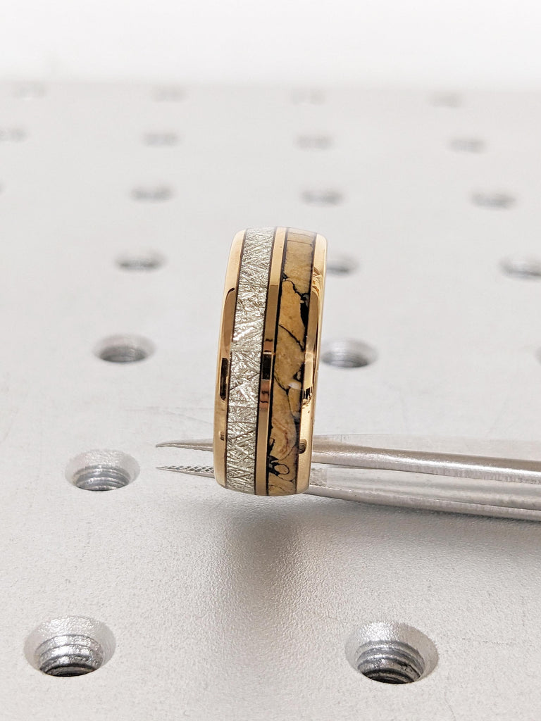 Rose Gold Plated Tungsten Ring, Men's Meteorite Ring, Dinosaur Bone Ring, 8mm Polished Finish Wedding Band for Men, Wedding Anniversary Gift