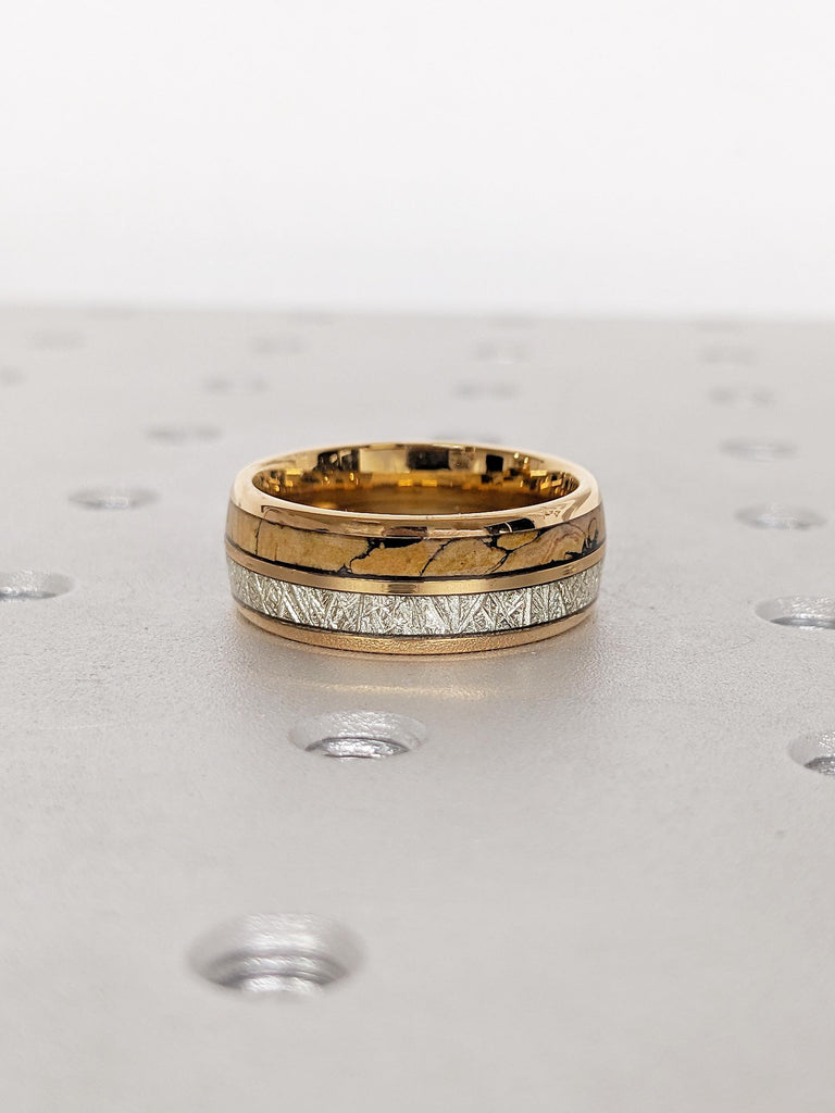Rose Gold Plated Tungsten Ring, Men's Meteorite Ring, Dinosaur Bone Ring, 8mm Polished Finish Wedding Band for Men, Wedding Anniversary Gift