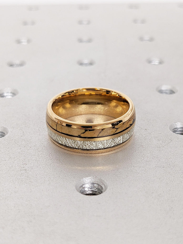 Rose Gold Plated Tungsten Ring, Men's Meteorite Ring, Dinosaur Bone Ring, 8mm Polished Finish Wedding Band for Men, Wedding Anniversary Gift