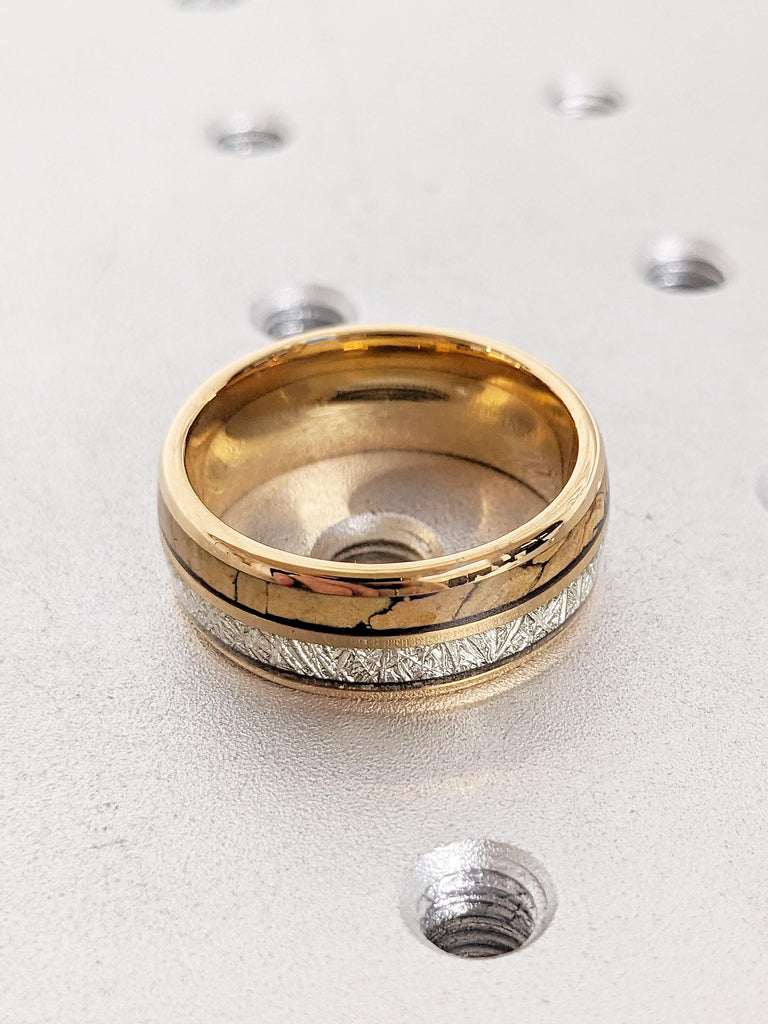 8mm Tungsten Ring Men, Meteorite Inlay Ring, T-Rex Ring, Rose Gold Plated Men's Ring