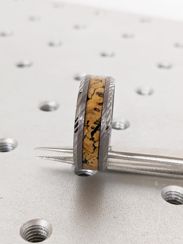 Men Wedding Band, Damascus Ring, 8mm Tungsten Ring Men, Unique Dinosaur Fossil Ring