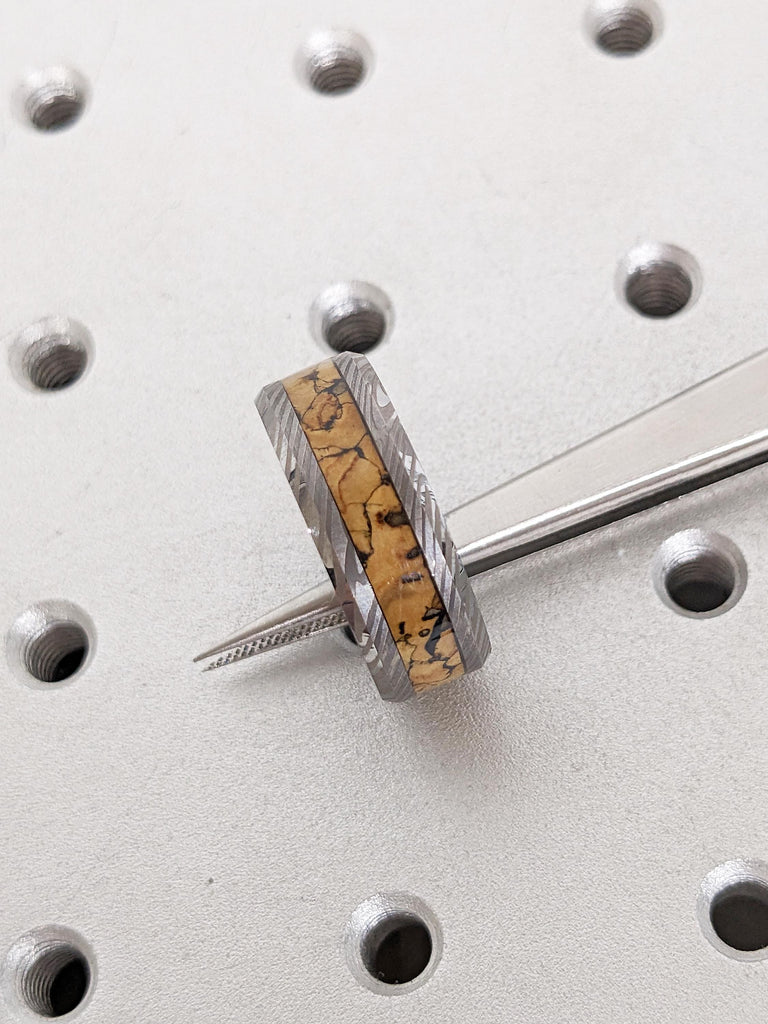 Men Wedding Band, Damascus Ring, 8mm Tungsten Ring Men, Unique Dinosaur Fossil Ring