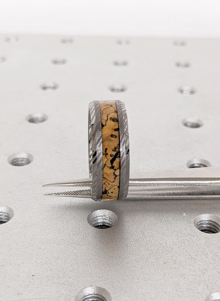 Men Wedding Band, Damascus Ring, 8mm Tungsten Ring Men, Unique Dinosaur Fossil Ring