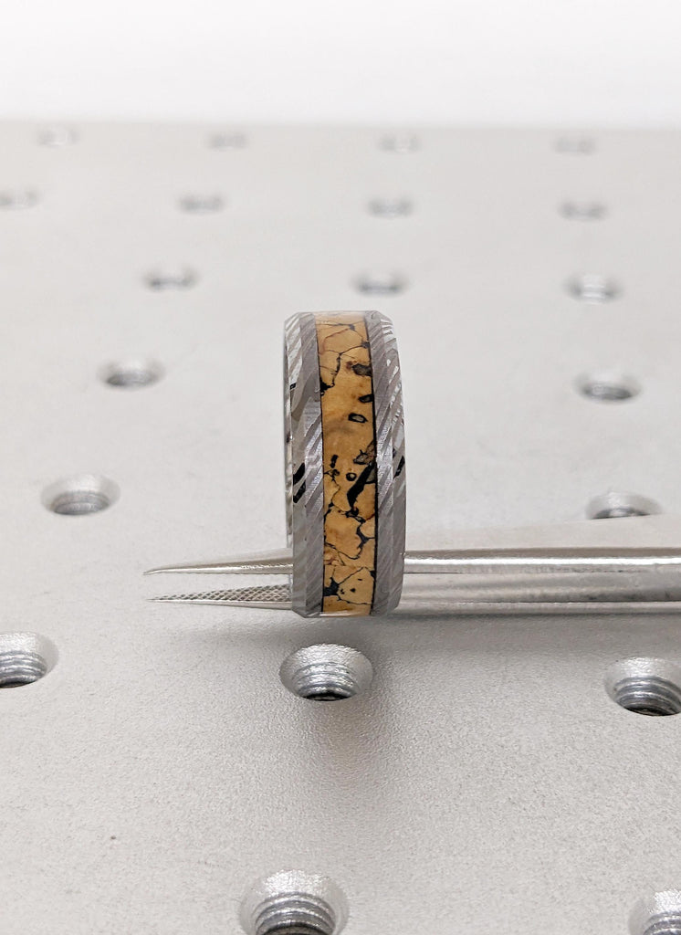 8mm Men's Tungsten Ring, Dinosaur Bone Inlay Ring, Brushed Finish Mokume Gane Tungsten Wedding Band, Gifts for Boyfriend, Men's Jewelry