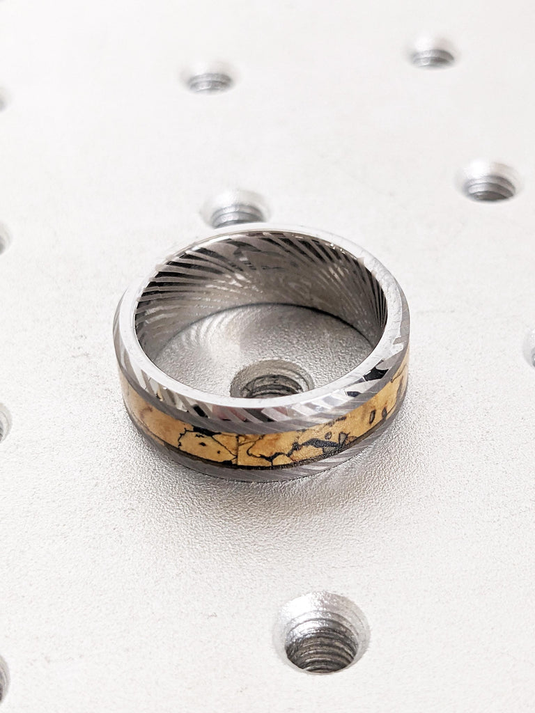 Men Wedding Band, Damascus Ring, 8mm Tungsten Ring Men, Unique Dinosaur Fossil Ring