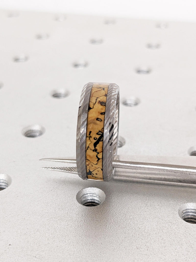 8mm Men's Tungsten Ring, Dinosaur Bone Inlay Ring, Brushed Finish Mokume Gane Tungsten Wedding Band, Gifts for Boyfriend, Men's Jewelry