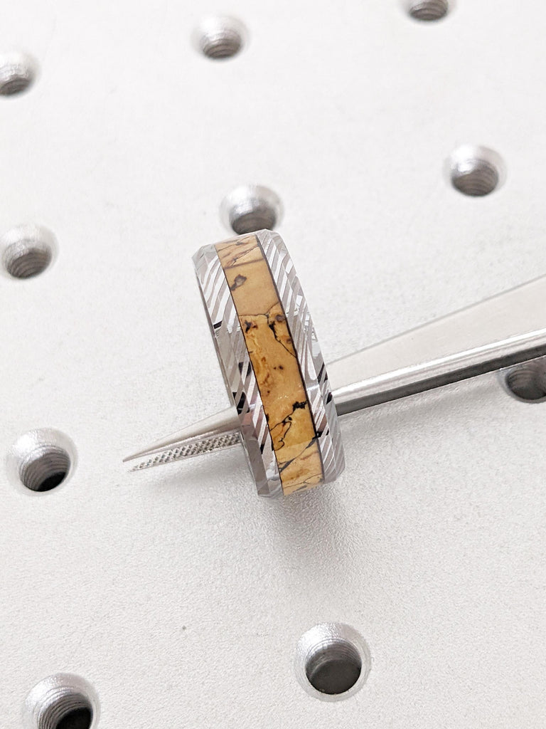 Mokume Gane Tungsten Ring for Men, Dinosaur Bone Ring, Damascus Ring, T-Rex Fossil Ring, 8mm Pattern Polished Finish Ring, Gift for Him