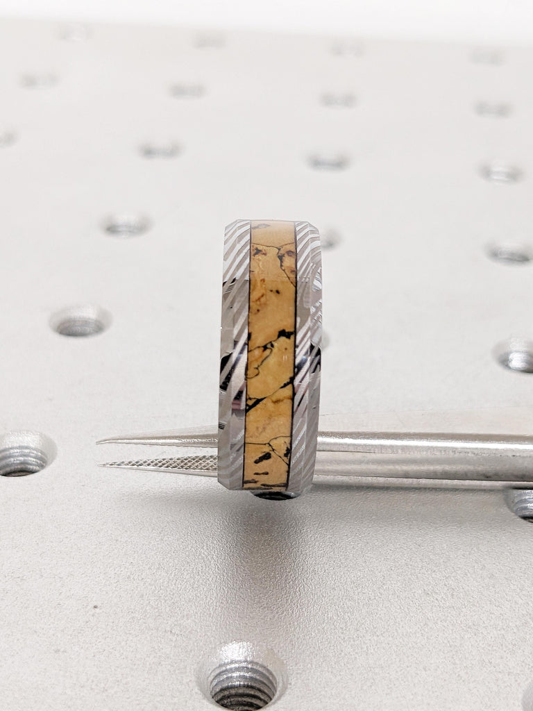 Mokume Gane Tungsten Ring for Men, Dinosaur Bone Ring, Damascus Ring, T-Rex Fossil Ring, 8mm Pattern Polished Finish Ring, Gift for Him