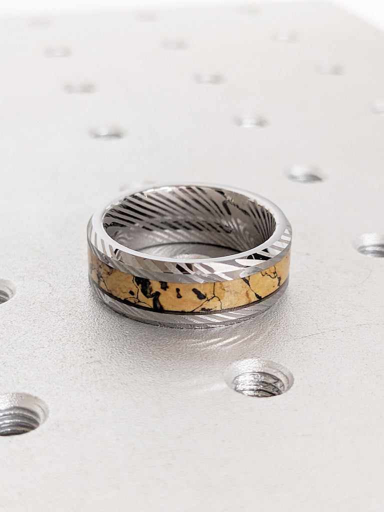 Damascus Pattern Tungsten Ring, 8mm Mokume Ring, Personalized Ring, Dinosaur Pattern Men Wedding Band