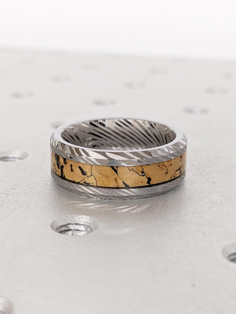 Mokume Gane Tungsten Ring for Men, Dinosaur Bone Ring, Damascus Ring, T-Rex Fossil Ring, 8mm Pattern Polished Finish Ring, Gift for Him
