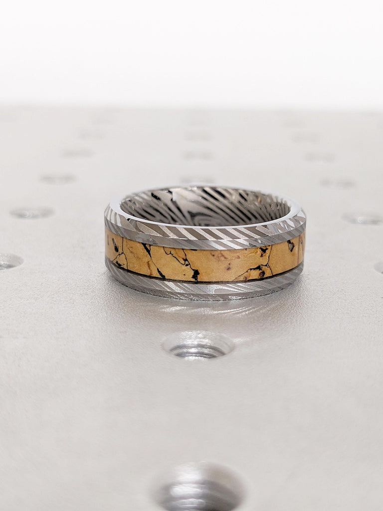 Mokume Gane Tungsten Ring for Men, Dinosaur Bone Ring, Damascus Ring, T-Rex Fossil Ring, 8mm Pattern Polished Finish Ring, Gift for Him