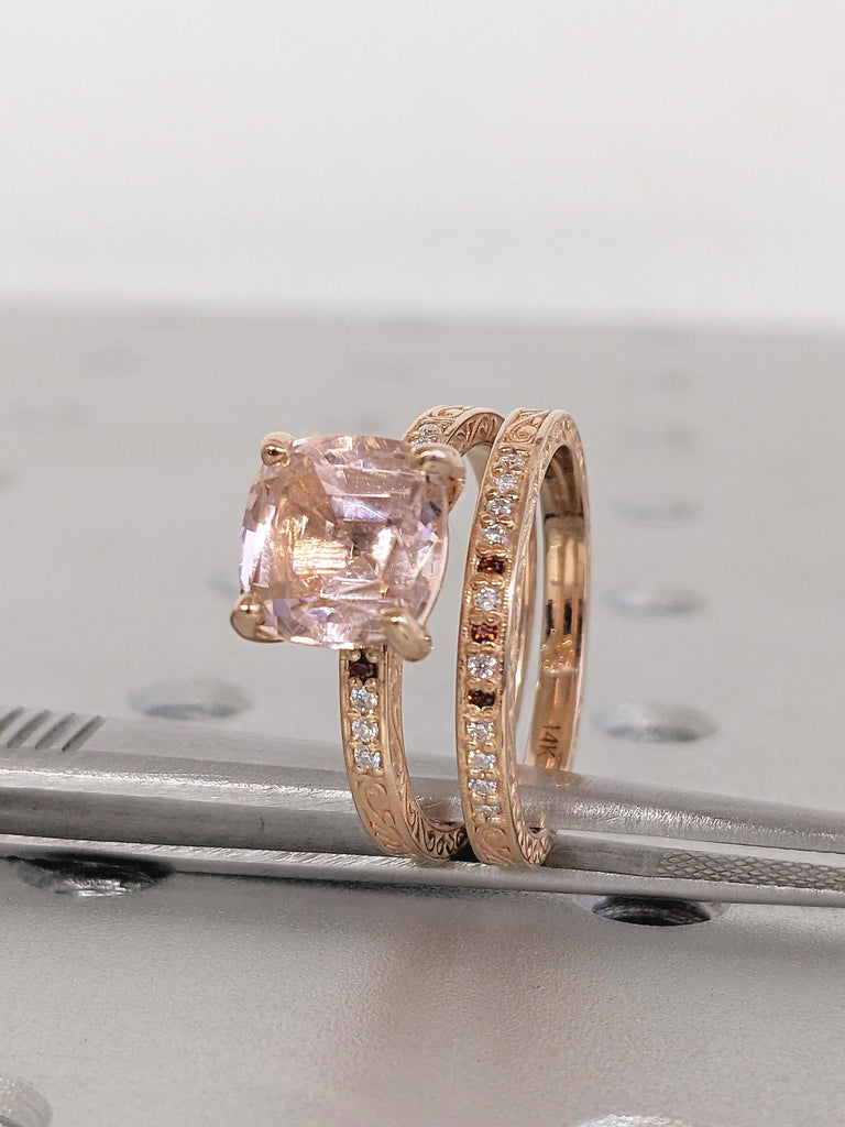Cushion Cut Lab Morganite Engagement Ring, Filigree 14k Rose Gold Moissanite, Garnet, Bridal Set Ring