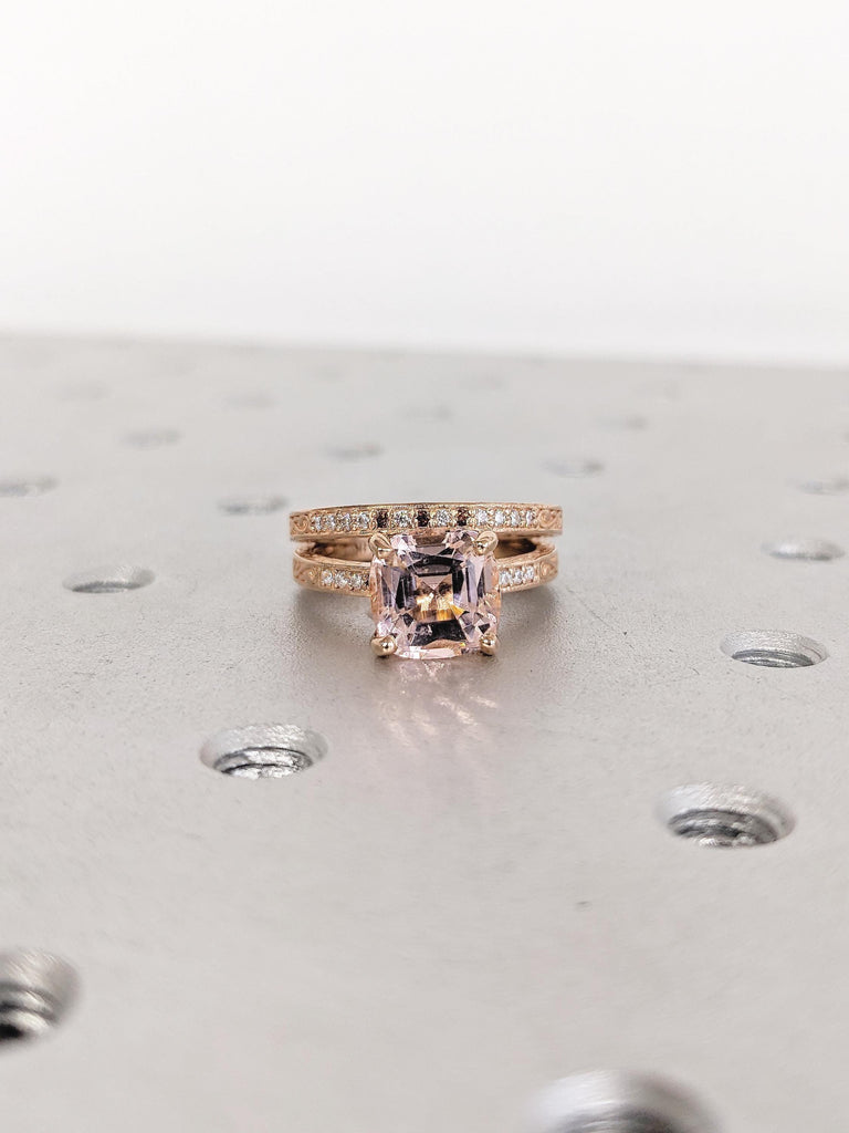 Filigree 14k Rose Gold Moissanite, Garnet, Bridal Set Ring