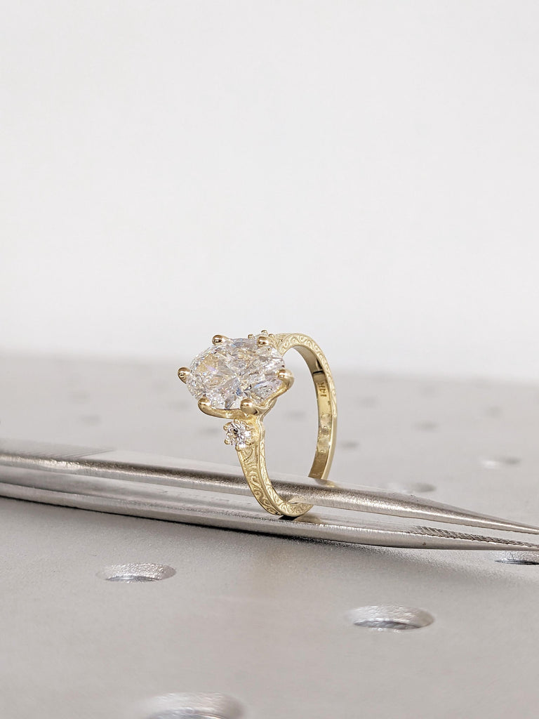 2ct Oval Lab Diamond Ring: 14K Yellow Gold Art Deco Engagement Ring