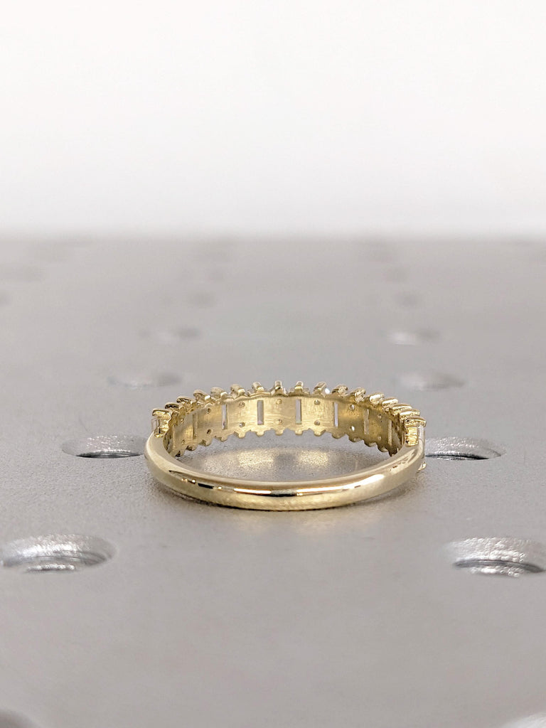 14K Yellow Gold Diamond Wedding Band, Baguette and Round Half Eternity Diamond Engagement Ring, Unique Stacking Ring For Her, Matching Rings