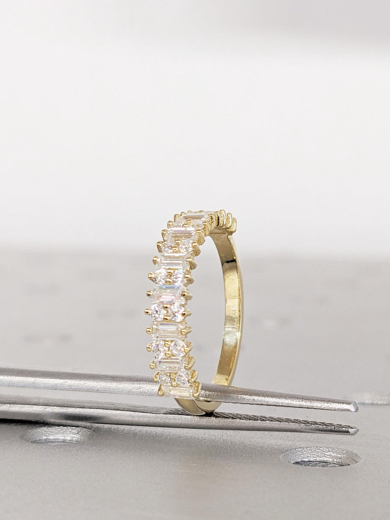 14K Yellow Gold Diamond Wedding Band, Baguette and Round Cut Matching Ring, Stackable Ring