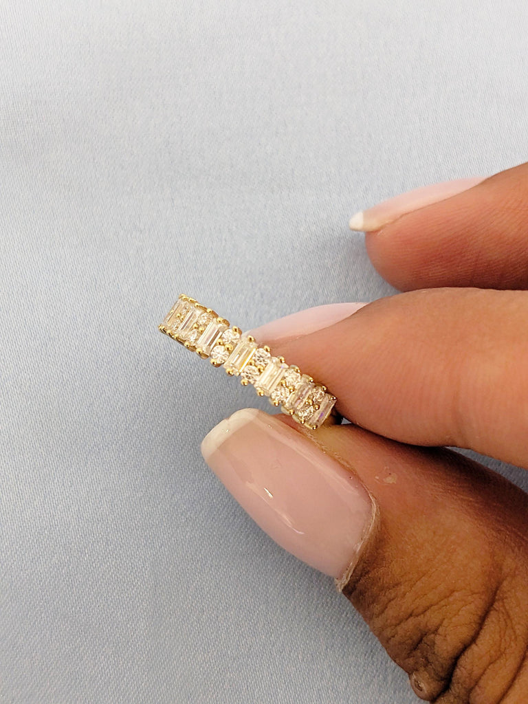 14K Yellow Gold Diamond Wedding Band, Baguette and Round Cut Matching Ring, Stackable Ring
