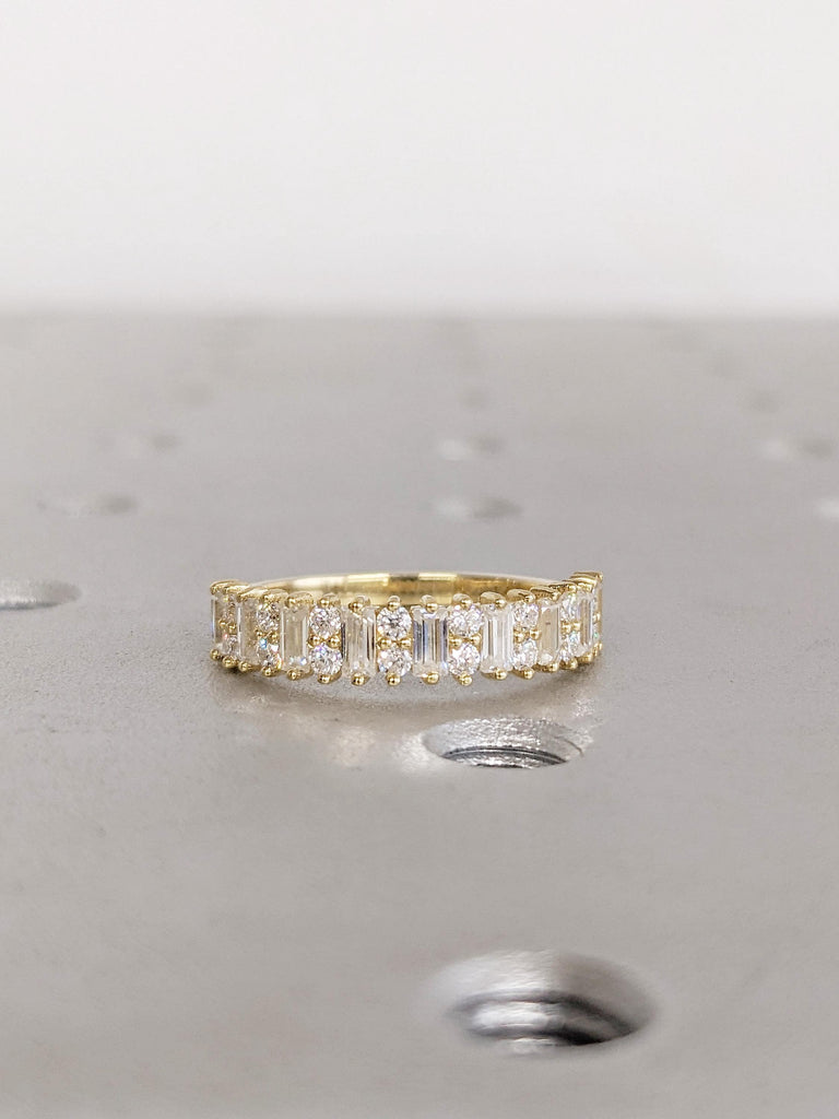 14K Yellow Gold Diamond Wedding Band, Baguette and Round Half Eternity Diamond Engagement Ring, Unique Stacking Ring For Her, Matching Rings