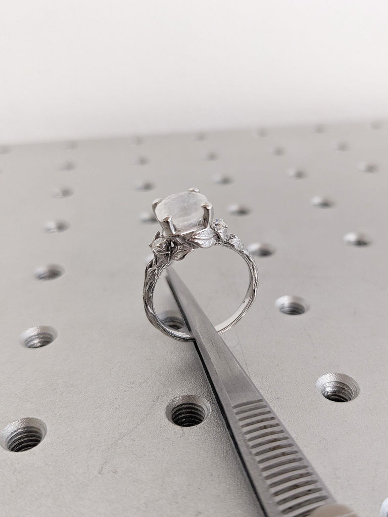 2.2ct Moonstone Engagement Ring, 14K White Gold Round Cut Moonstone Ring, Nature Inspired Diamond Leaf Ring, Wedding Ring, Ring Gift For Her