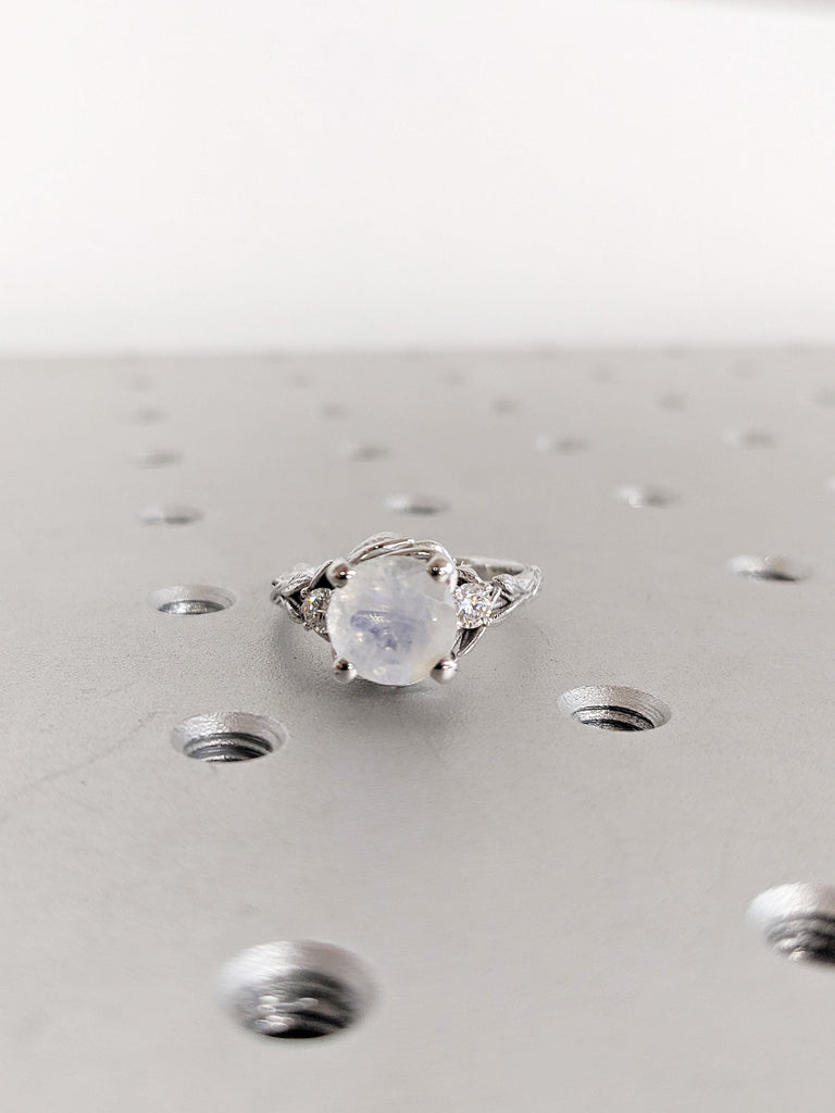 2.2ct Moonstone Engagement Ring, 14K White Gold Round Cut Moonstone Ring, Nature Inspired Diamond Leaf Ring, Wedding Ring, Ring Gift For Her