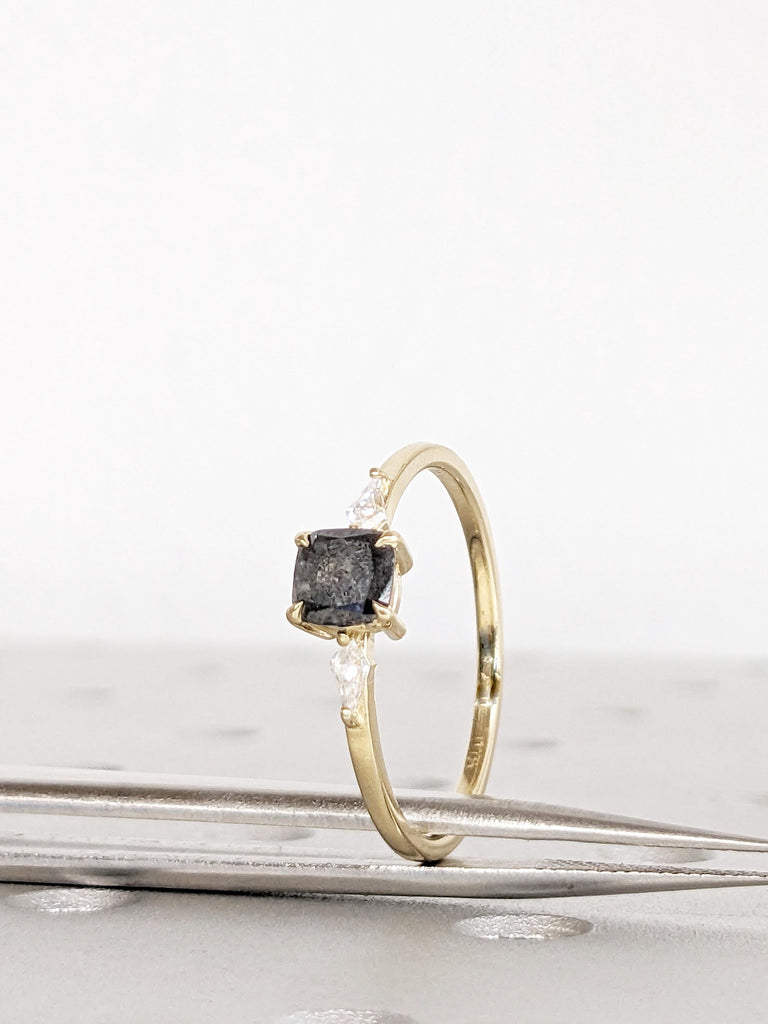 Cushion Cut Salt and Pepper Diamond Ring: 14K Yellow Gold Engagement Ring