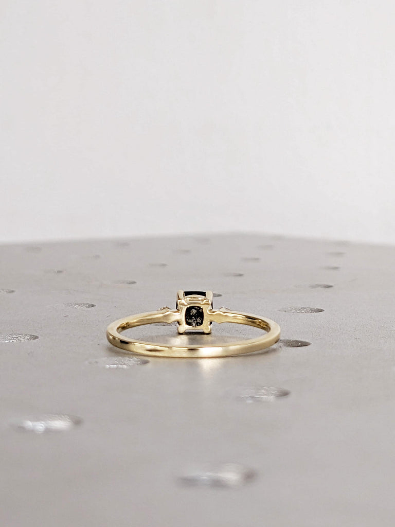 Cushion Cut Salt and Pepper Diamond Ring: 14K Yellow Gold Engagement Ring