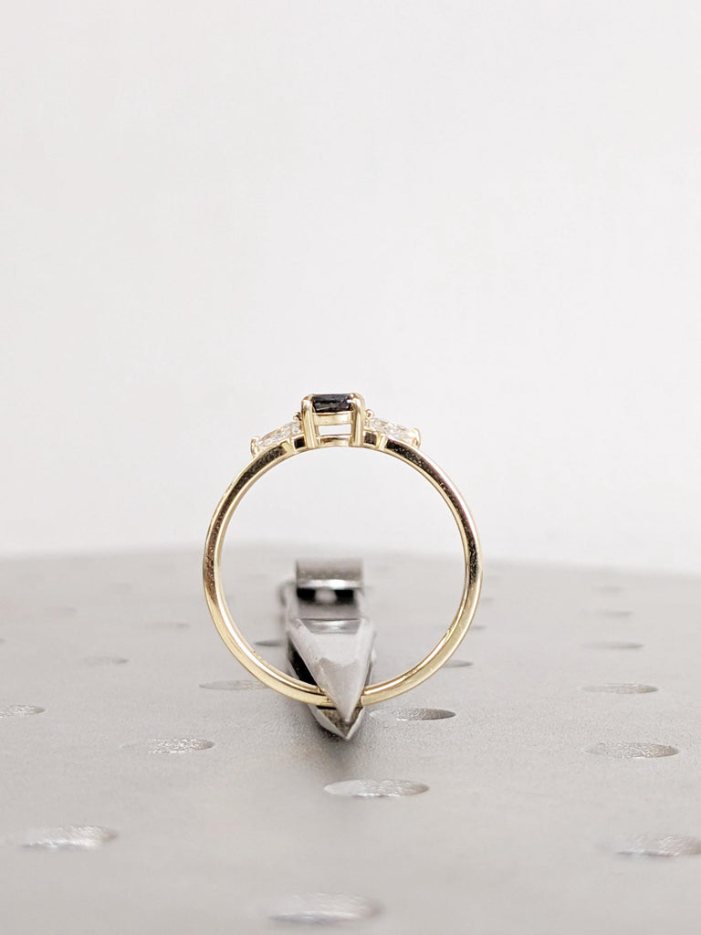 Salt and Pepper Diamond Ring, Cushion Cut Engagement Ring, 14K Yellow Gold Wedding Ring, Salt and Pepper Ring With Side Diamond & Moissanite