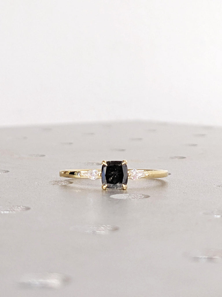 Cushion Cut Salt and Pepper Diamond Ring: 14K Yellow Gold Engagement Ring