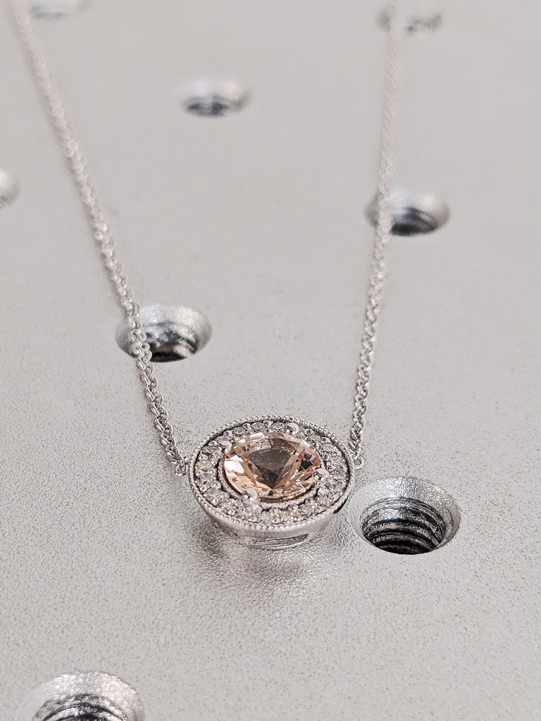 14K White Gold Round Morganite Halo Diamond Necklace, June Birthstone, Unique Bridal Jewelry