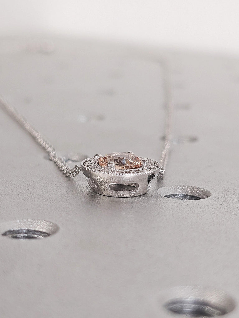 14K White Gold Round Morganite Halo Diamond Necklace, June Birthstone, Unique Bridal Jewelry