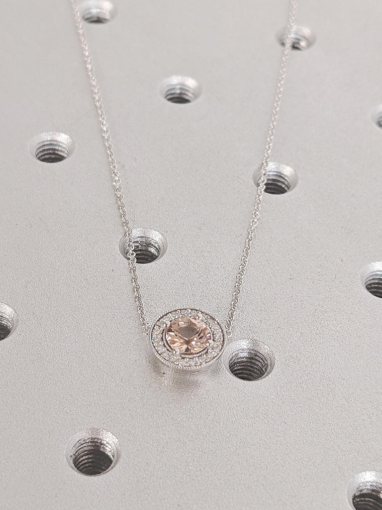 Round Cut Lab Morganite and Halo Diamond Necklace, 14K White Gold Peach Natural Morganite Pendant, Necklace For Women, Anniversary Gift