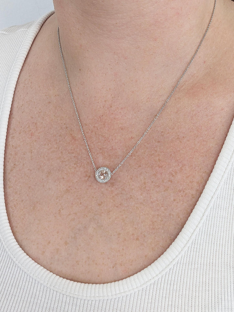 14K White Gold Round Morganite Halo Diamond Necklace, June Birthstone, Unique Bridal Jewelry