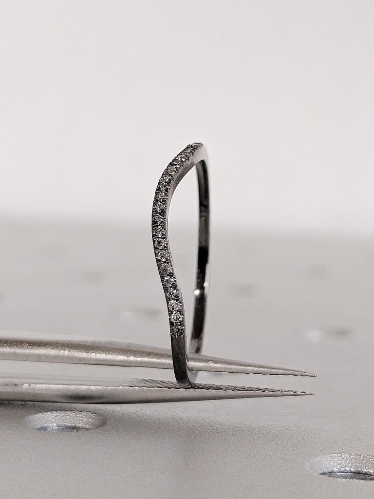 Dainty Round Curved Salt and Pepper Diamond Matching Engagement Ring, Thin 14K Solid Black Gold Diamond Wedding Band, Bridal Stacking Ring