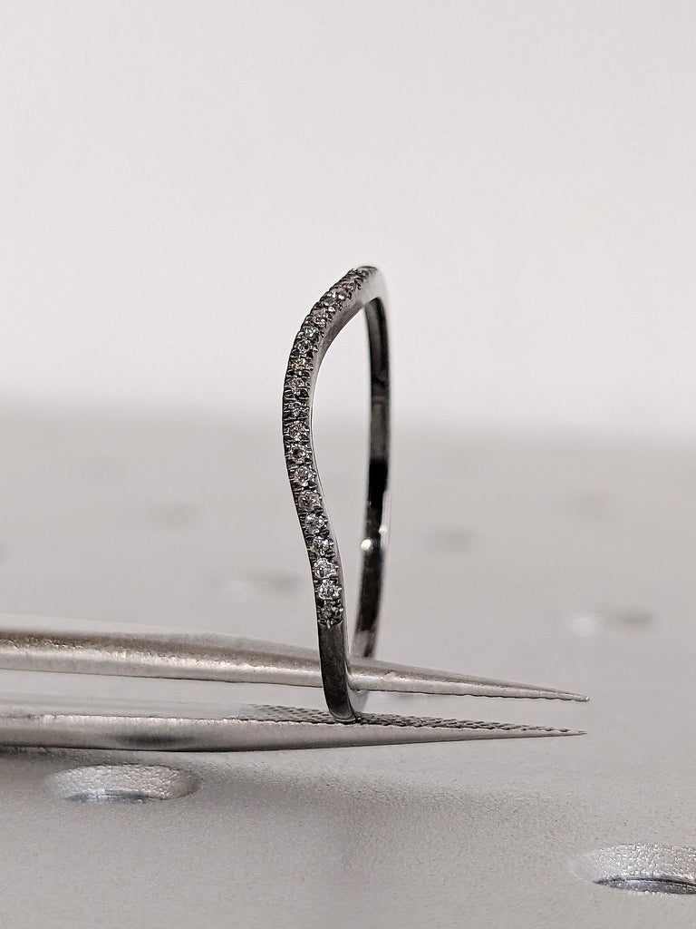 14K Black Gold Salt and Pepper Diamond Curved Matching Ring, Round Diamond Wedding Band, Half Eternity Promise Ring